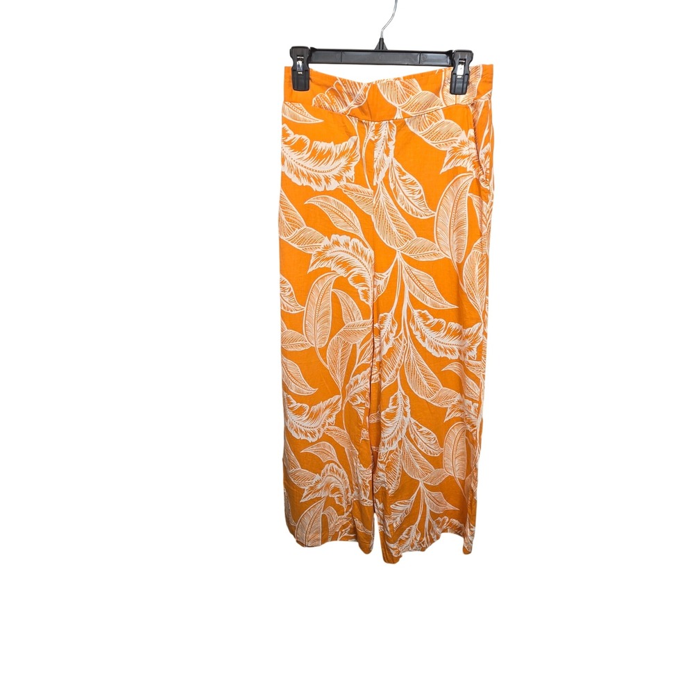 Rachel Zoe Wide Leg Pants Womens Medium Orange Tropical Palm Linen Blend